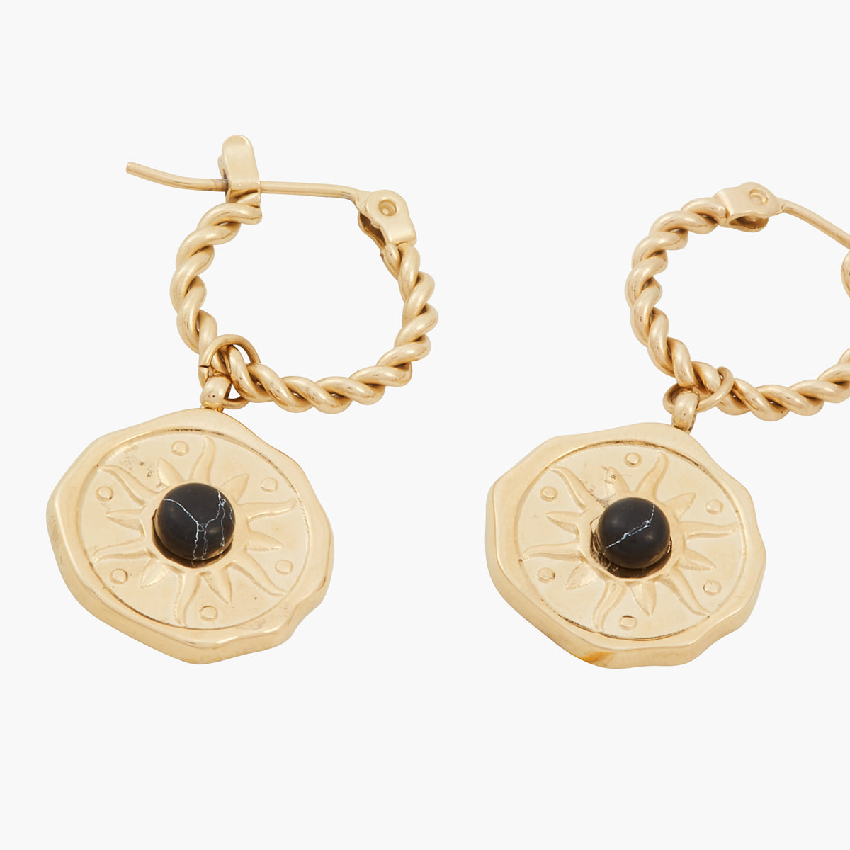 Créoles médaillons Acier Inoxydable doré et pierre noire