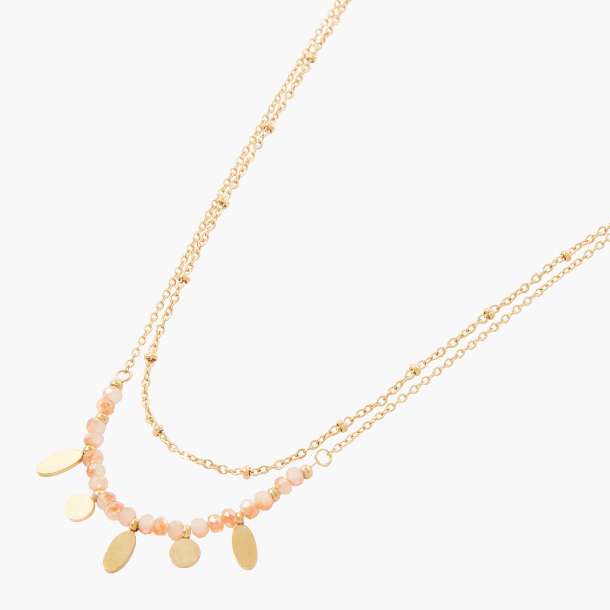 Collier 2 rangs acier inoxydable et perles à facettes roses