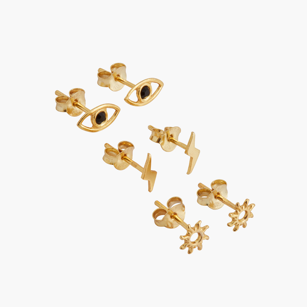 Set x3 puces œil, éclair, soleil - Argent 925 doré