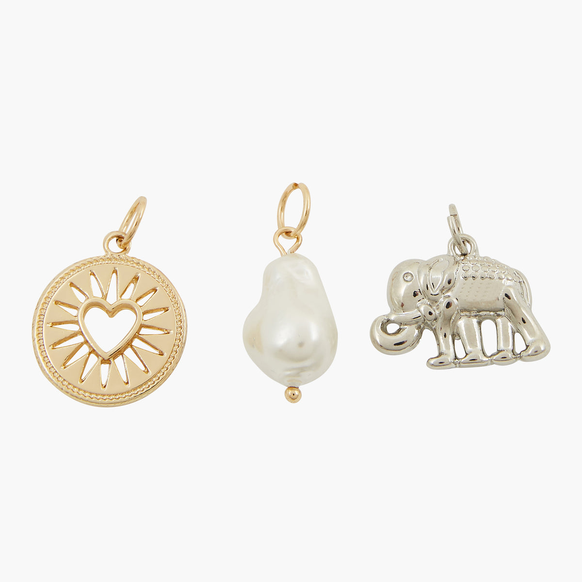 Charms x3 : médaillon coeur, perle, éléphant