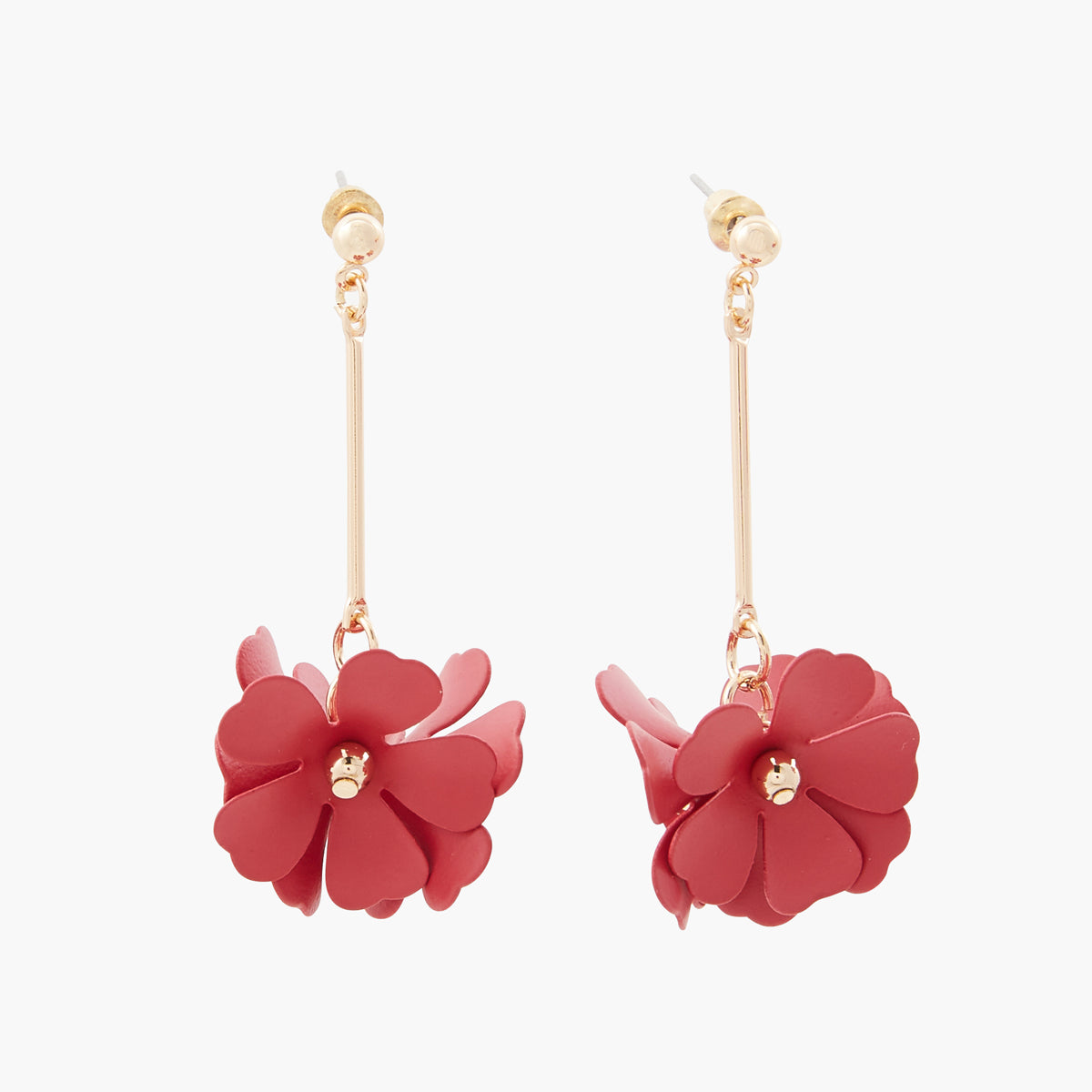 Boucles d’oreilles longues tige 3 fleurs rouges