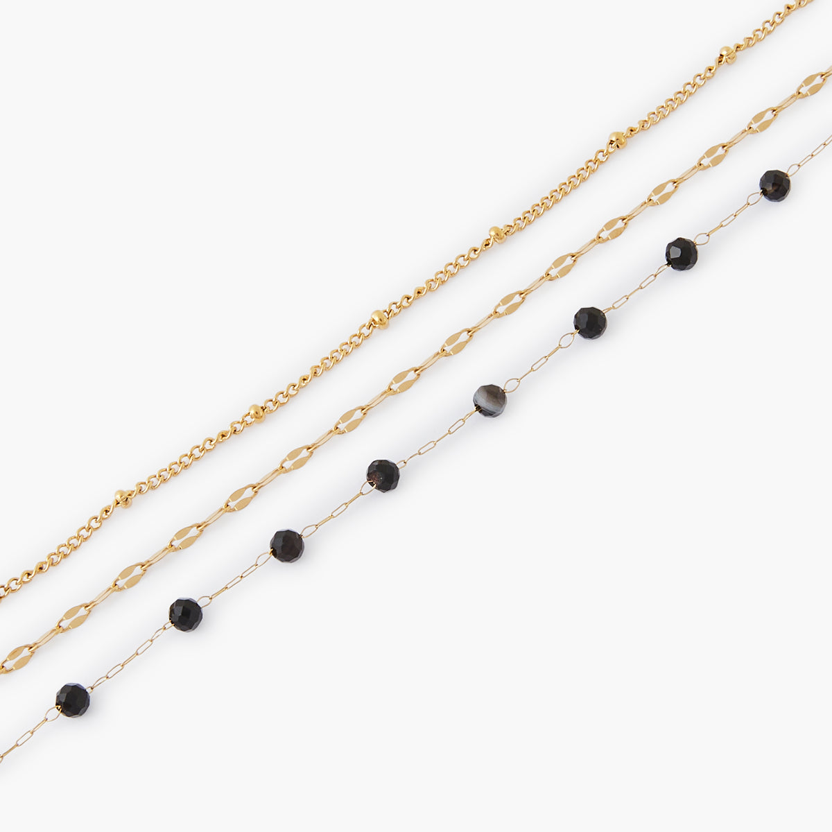 Collier 3 rangs chaînes et perles à facettes acier inoxydable noir et doré