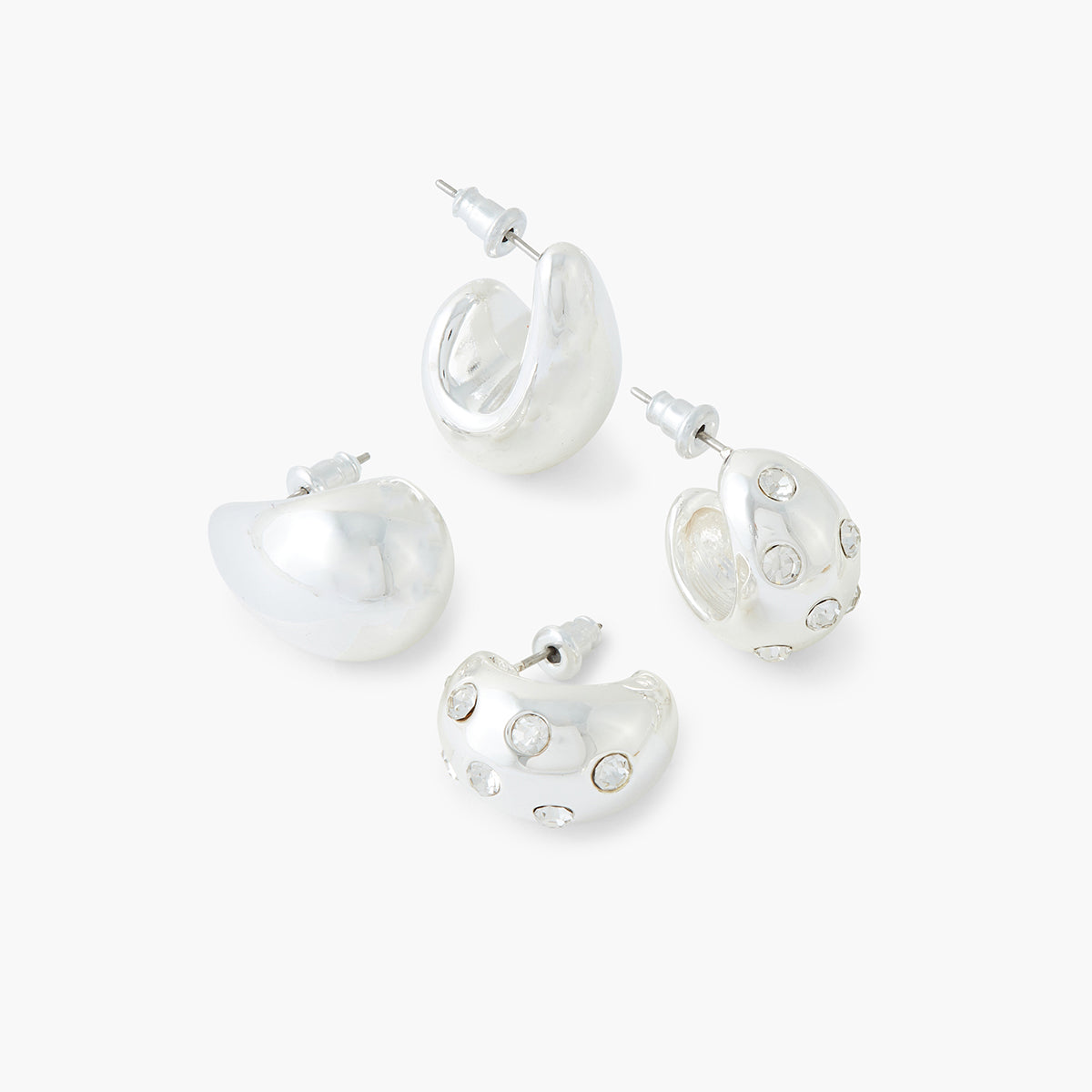 Set de 2 créoles gouttes lisses et strassées argentées