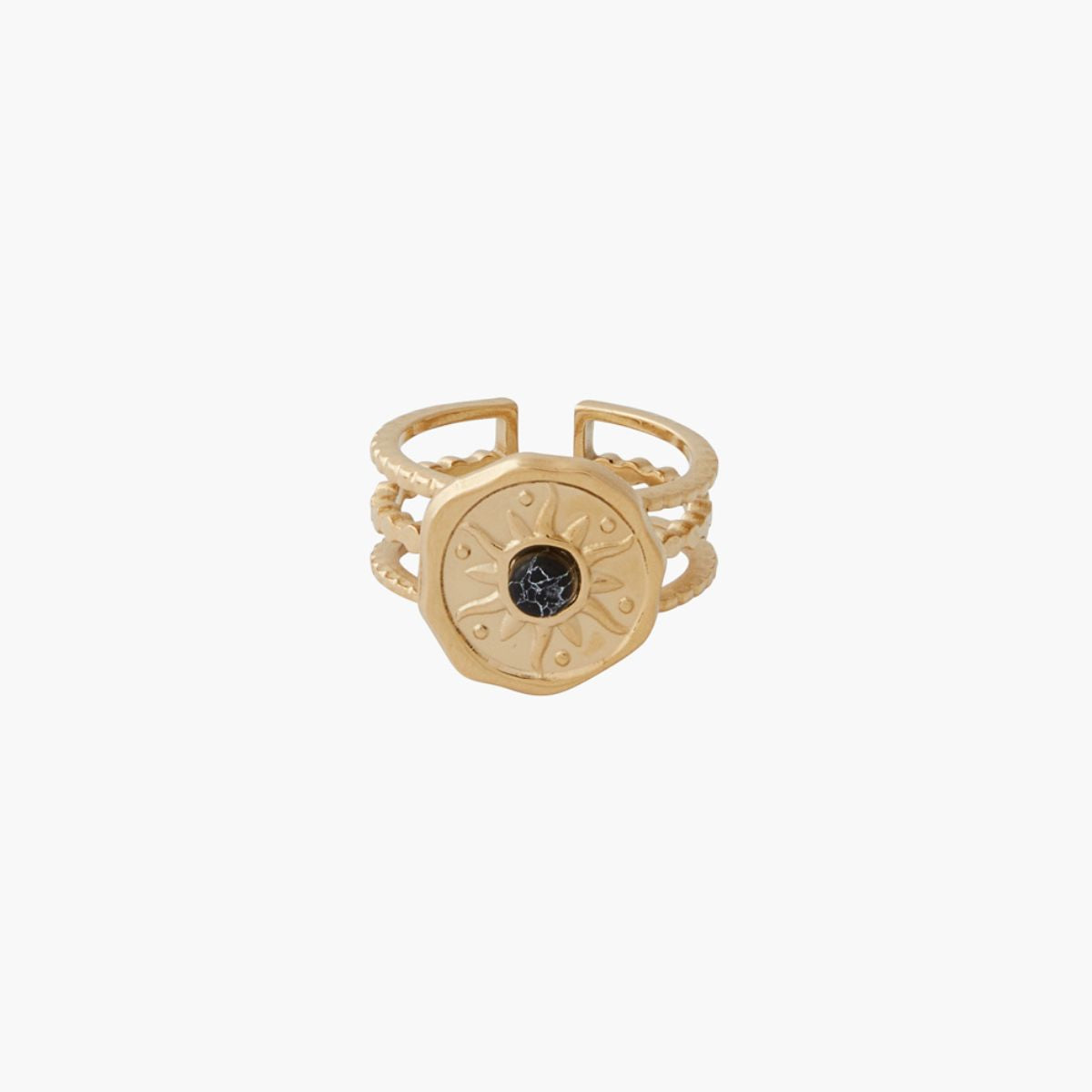 Bague médaillons pierre acier inoxydable doré