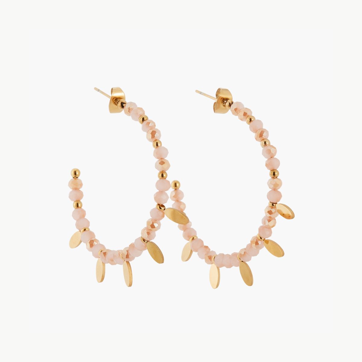 Créoles perles à facettes et pampilles Acier Inoxydable rose et doré