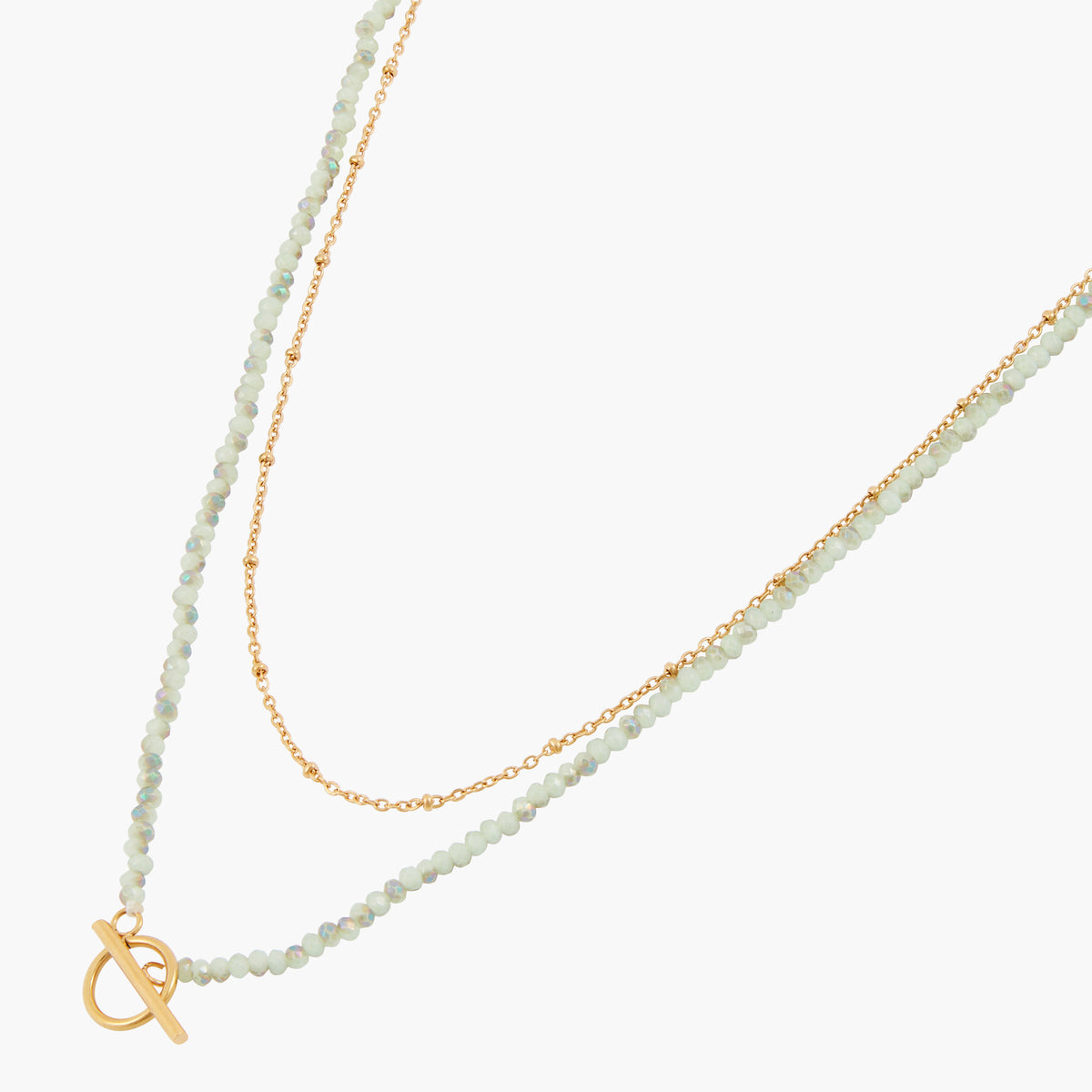 Collier 2 rangs acier inoxydable et pierres à facettes vert et doré