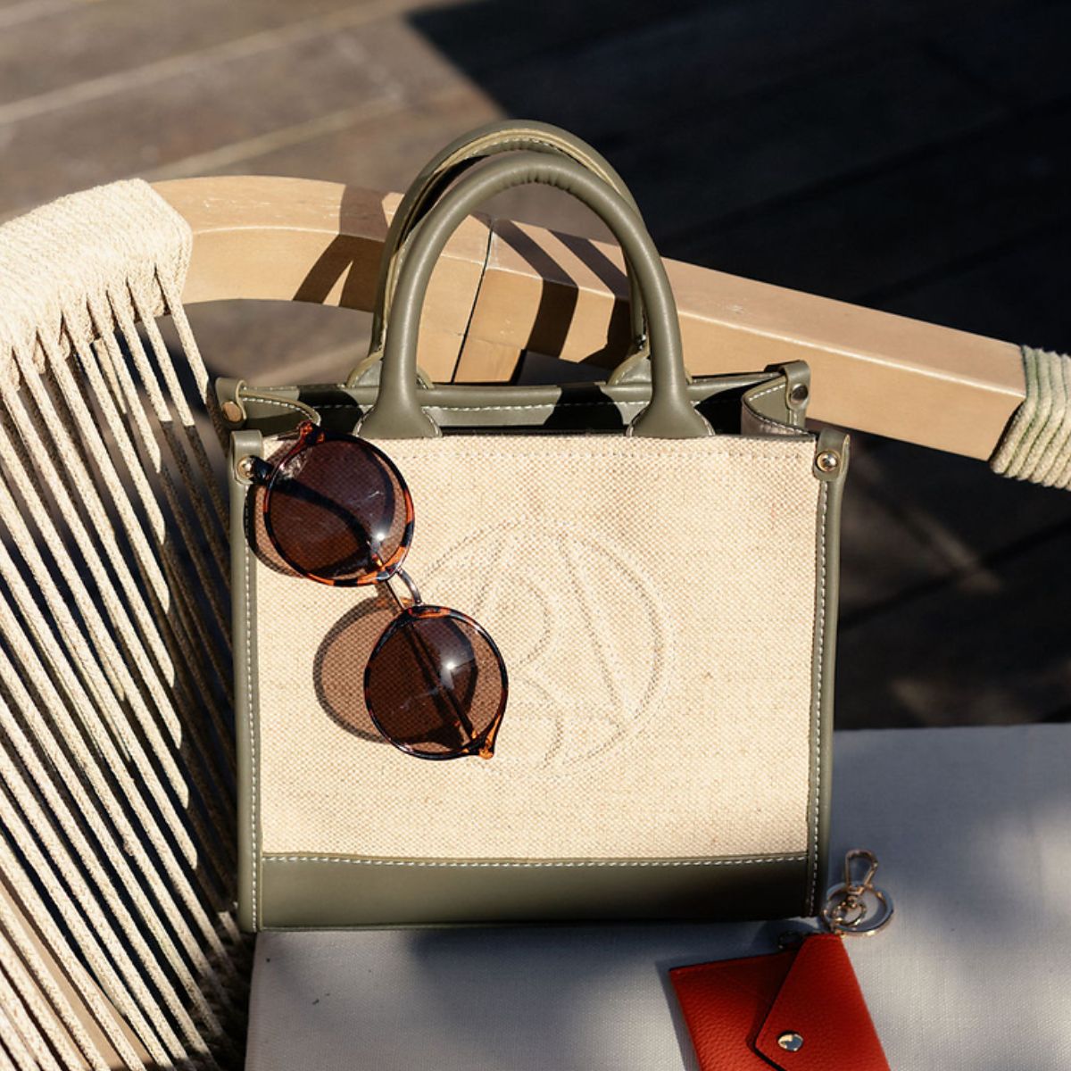 Sac porté main bi-matière kaki