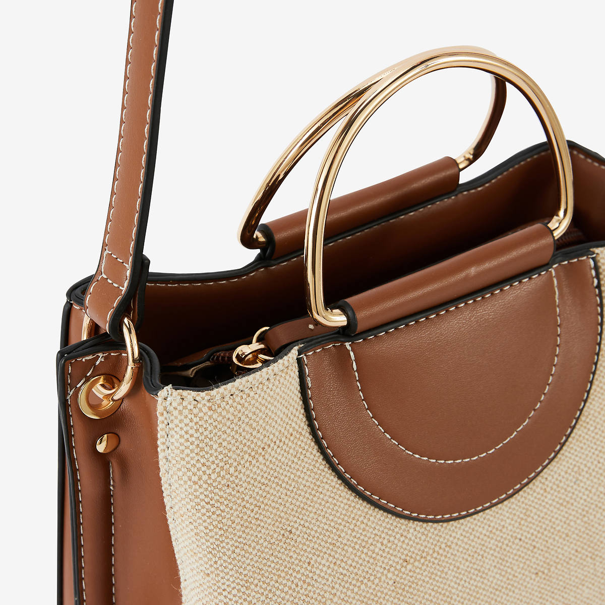 Sac en toile avec anses métal beige et camel