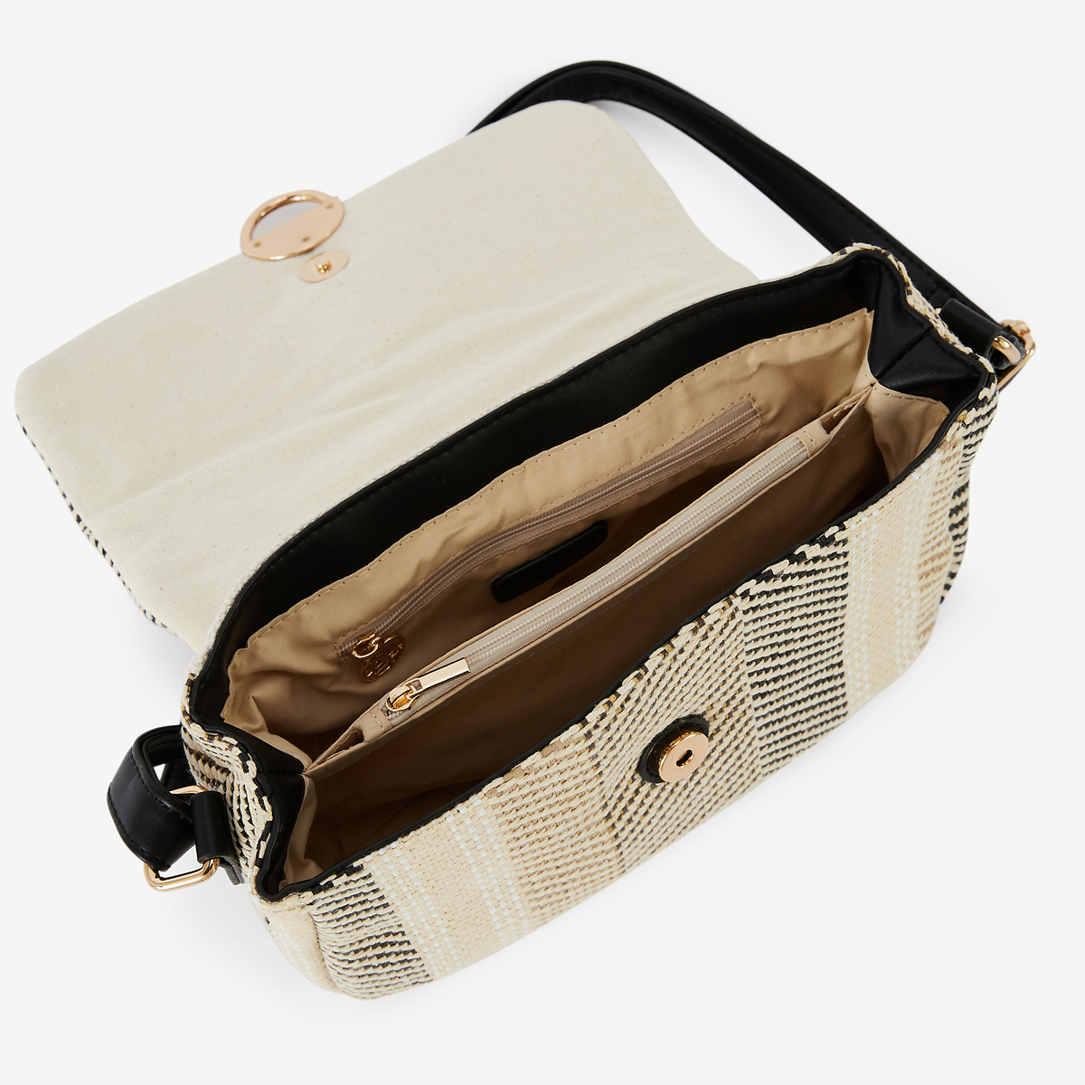 Sac à bandoulière textile à rayures beige et noir