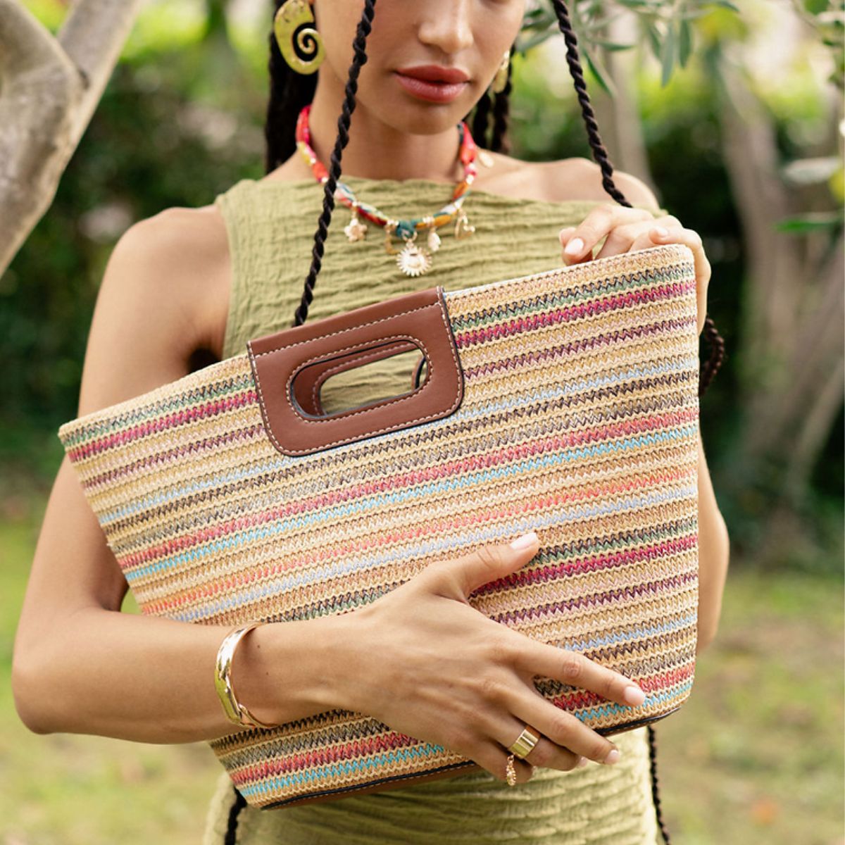 Sac effet pailles à rayures multicolore