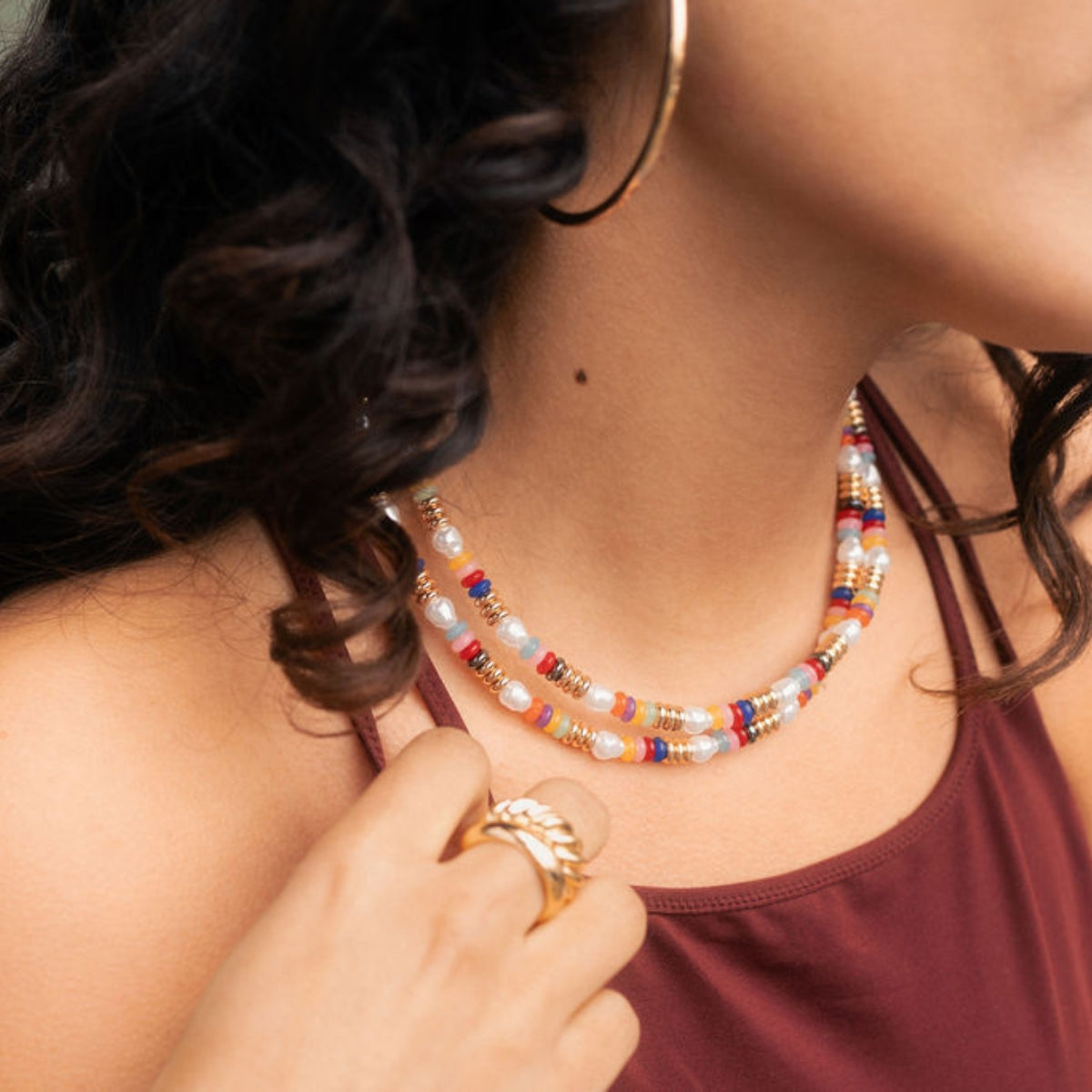 Collier 2 en 1 perles fantaisie doré