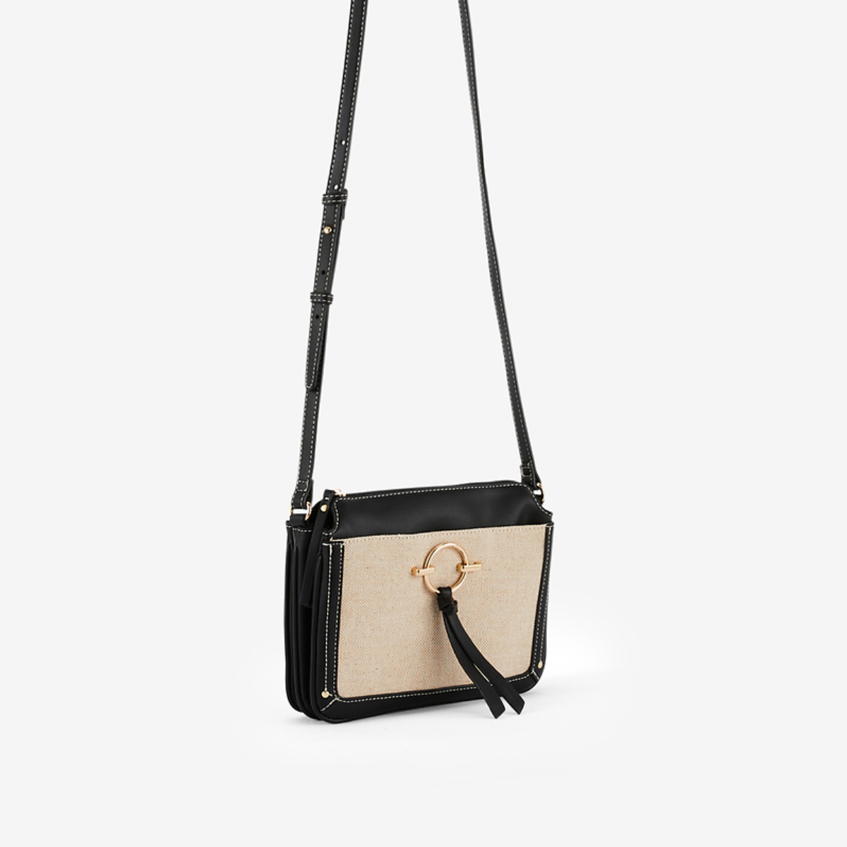 Sac à bandoulière bi-matière noir et écru