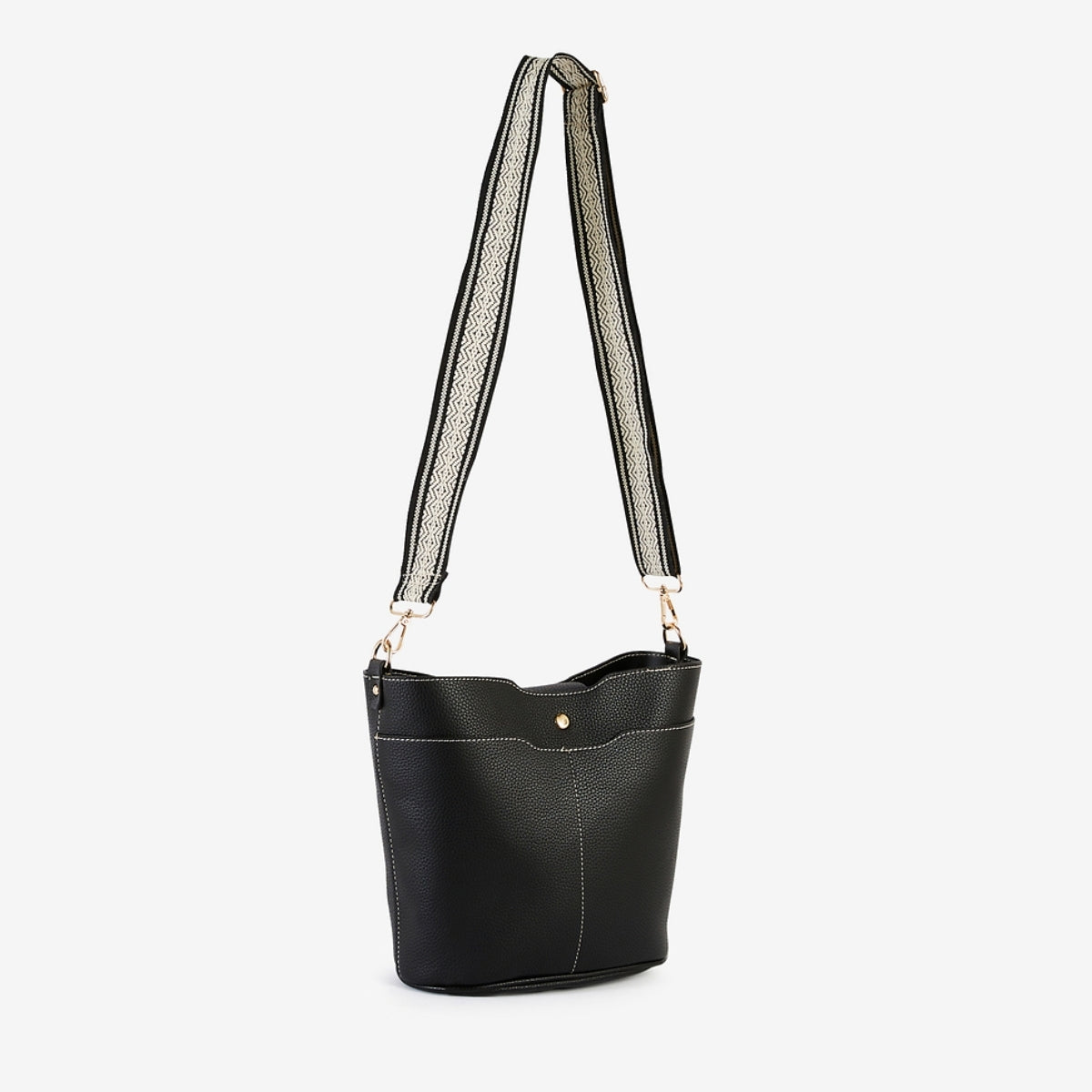Sac seau noir effet grainé bandoulière à motifs