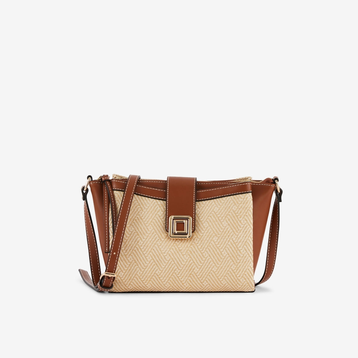 Sac à bandoulière bi matière camel et beige