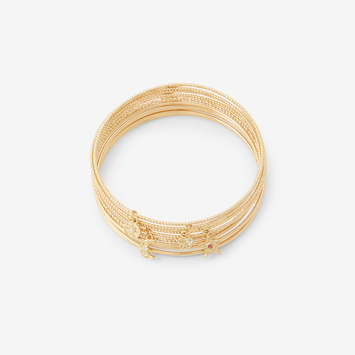 Set de 10 joncs fins dorés ciselés avec charms