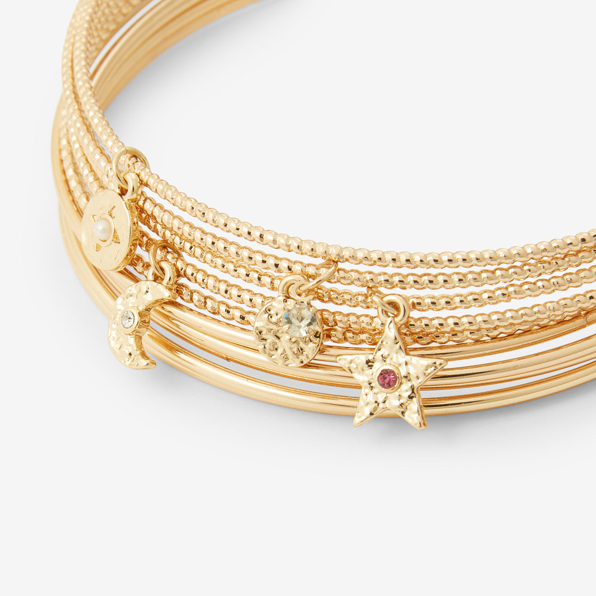 Set de 10 joncs fins dorés ciselés avec charms