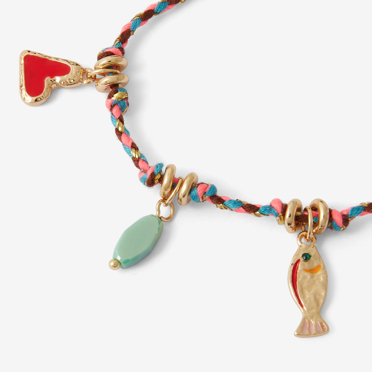 Bracelet cordon à breloques poisson, soleil et cœur