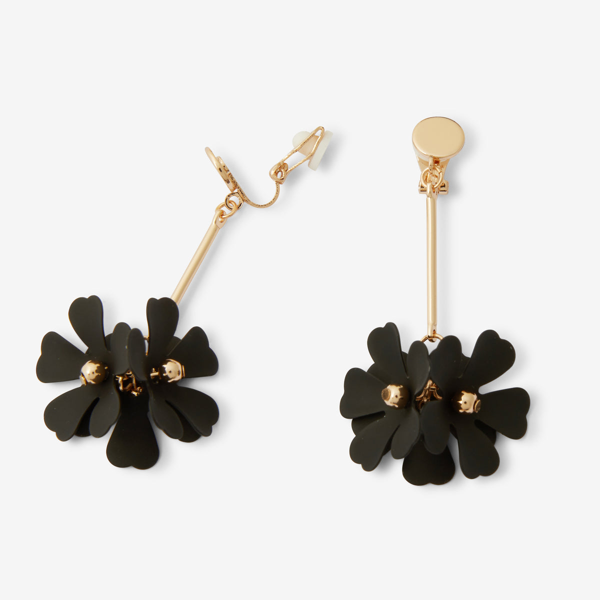 Boucles d'oreilles clips pendantes fleurs noirs