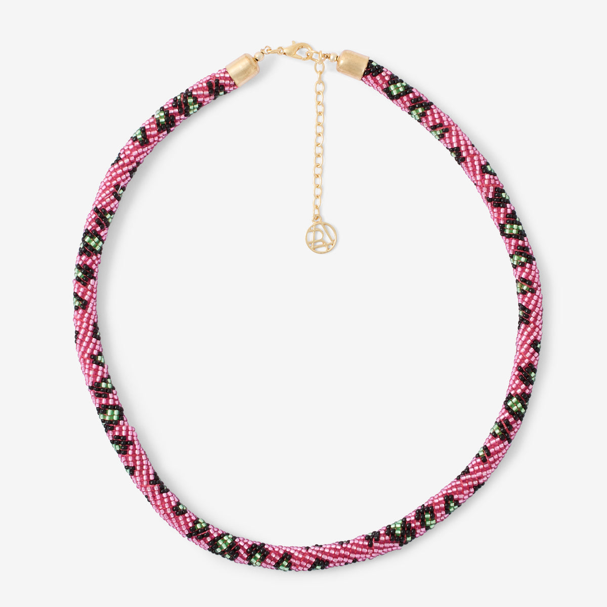 Collier effet serpent en perles de rocaille roses et vertes