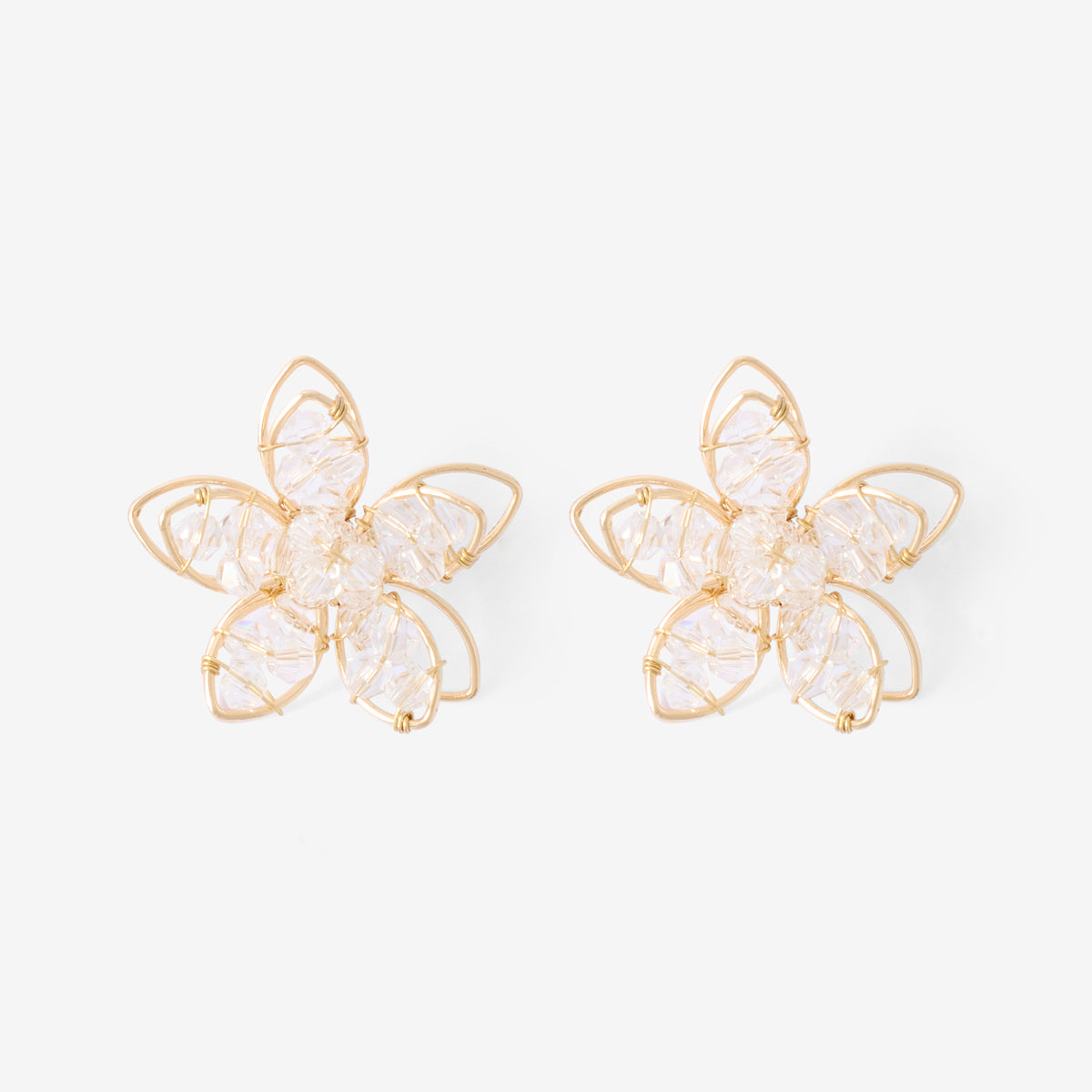 Boucles d'oreilles fleurs filaires dorées et perles à facettes
