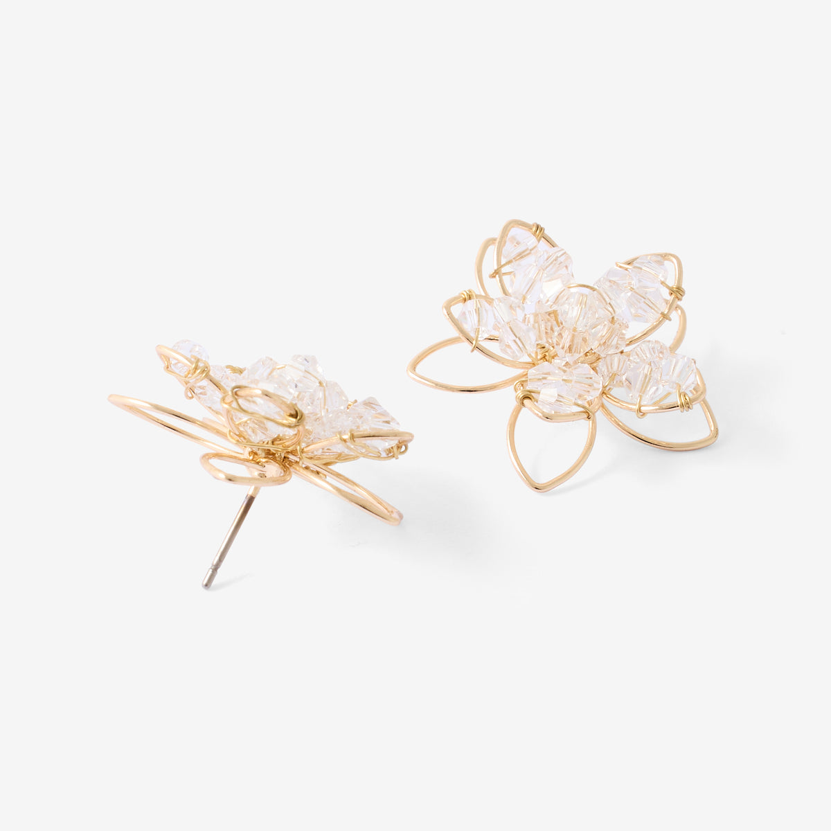 Boucles d'oreilles fleurs filaires dorées et perles à facettes