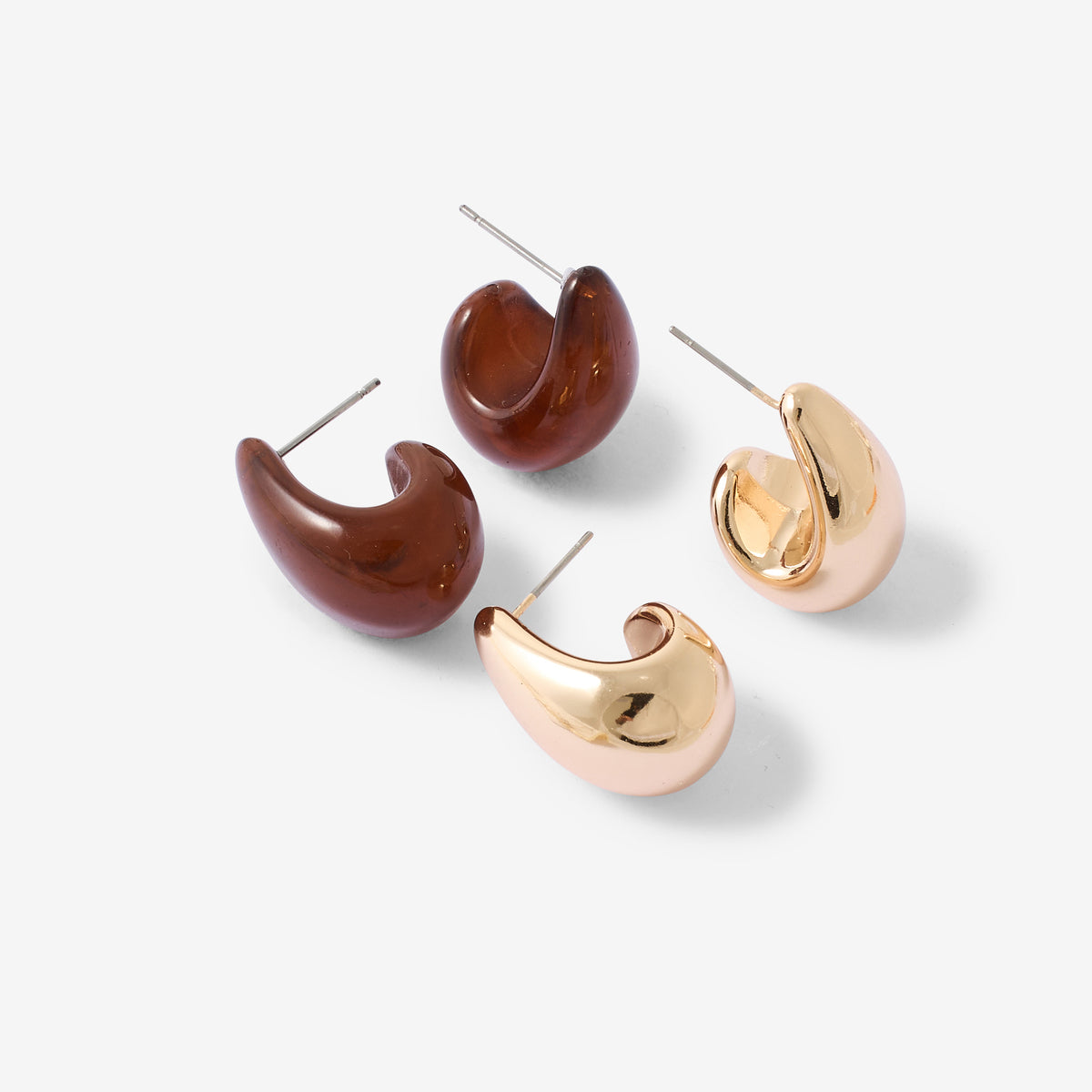 Set de 2 paires de boucles d’oreilles gouttes marron et dorées