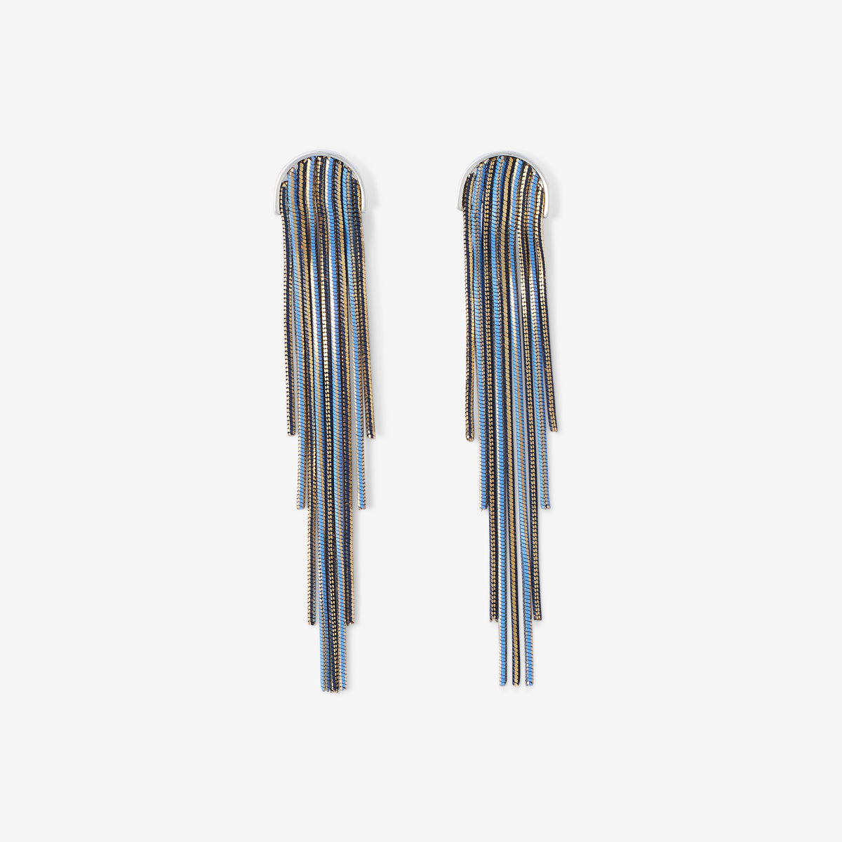 Boucles d’oreilles chaînes longues bleues et dorées