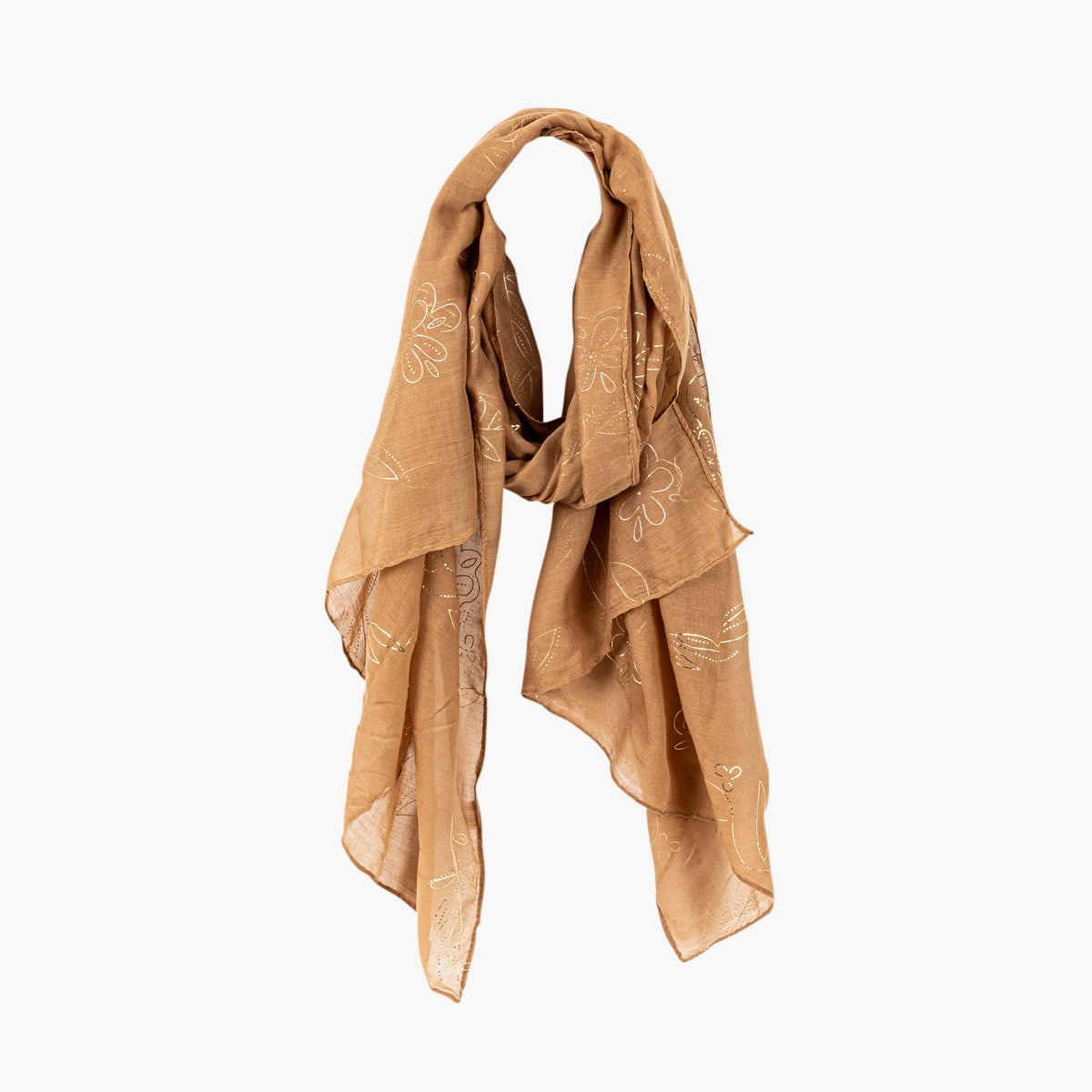 Foulard camel à motifs fleurs dorées