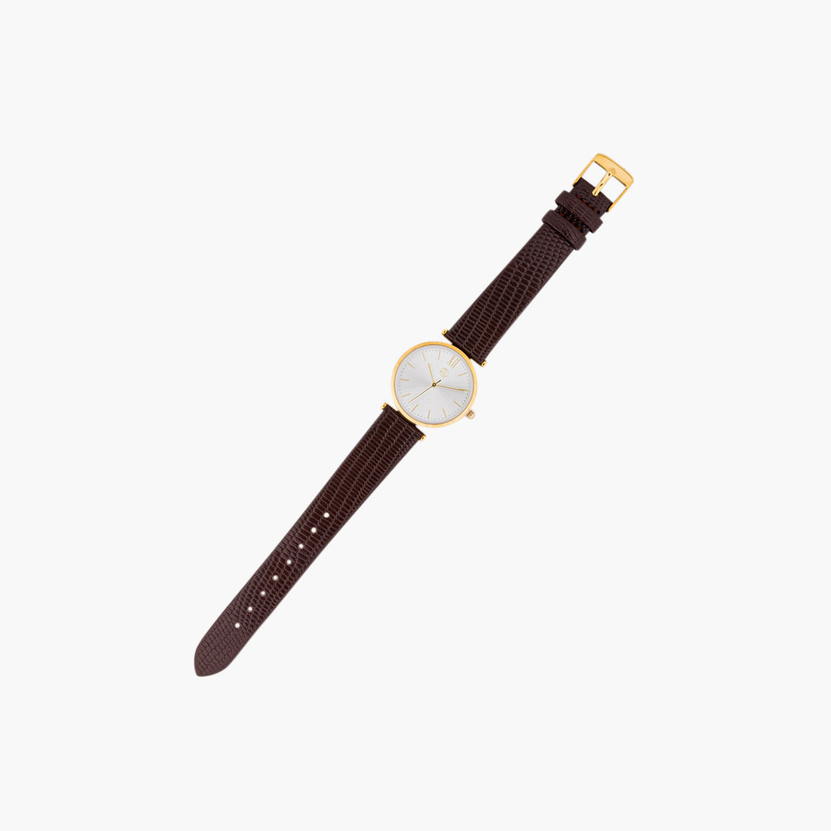 Montre cadran rond bracelet effet lézard marron