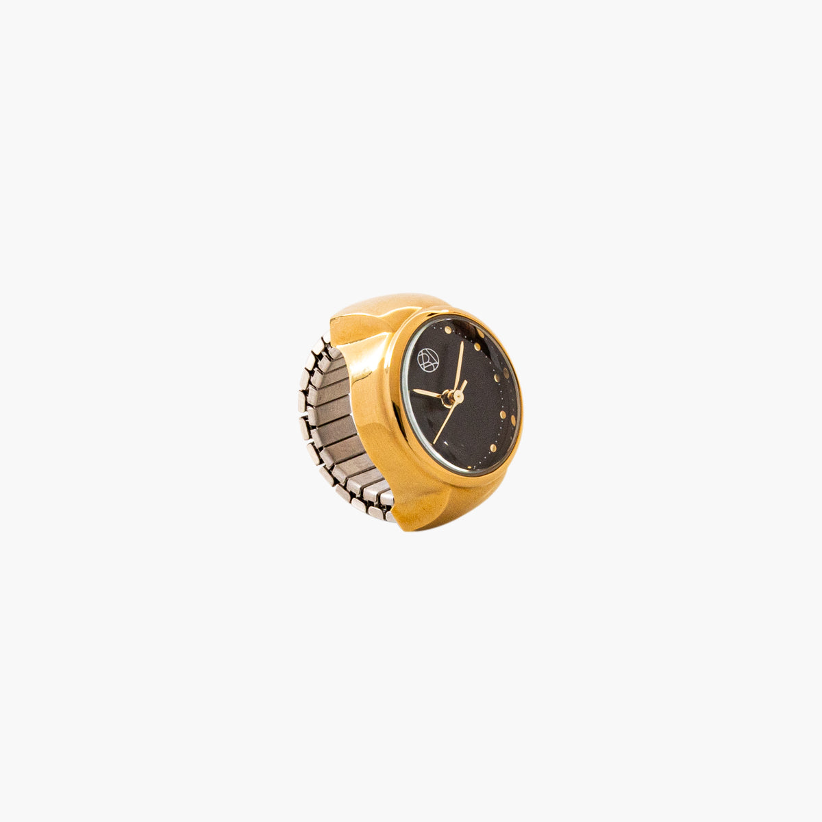 Bague montre cadran rond fond noir bracelet maille doré