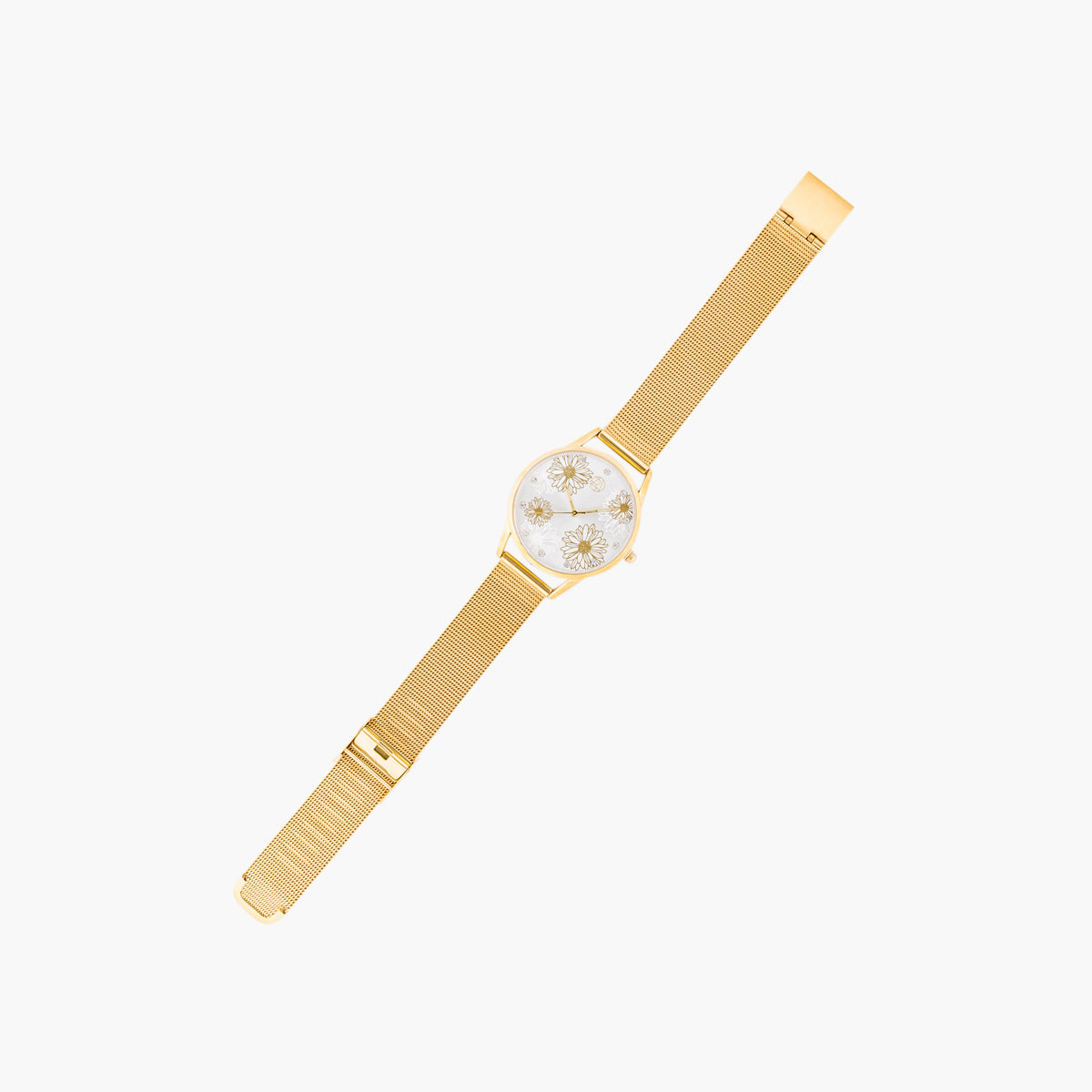 Montre cadran rond à fleurs bracelet maille milanaise doré