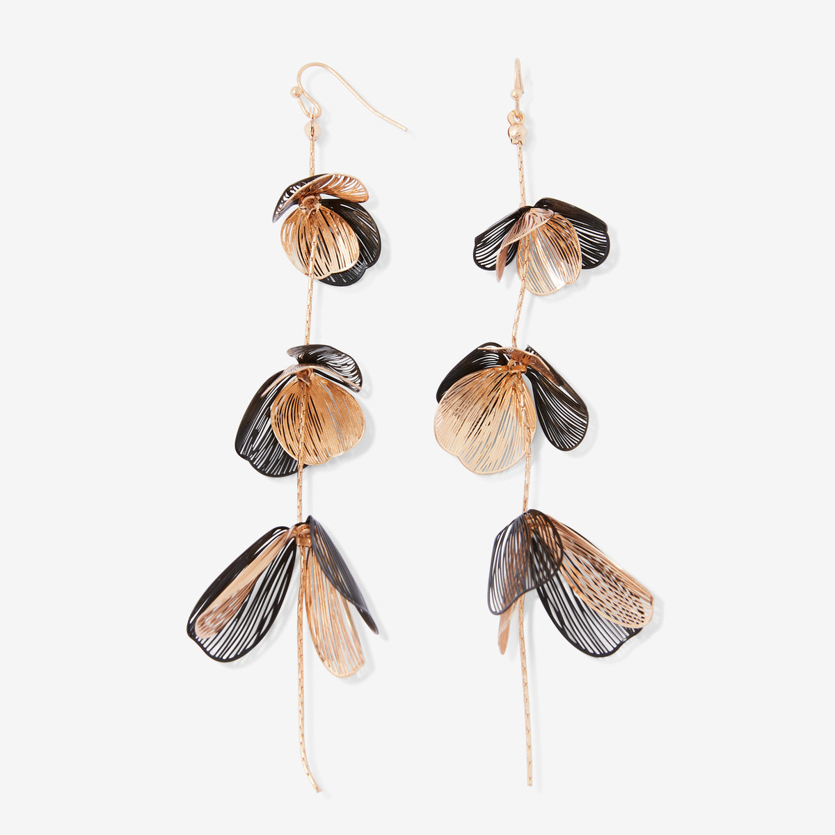 Longues boucles d'oreilles pétales en filigrane noir et doré