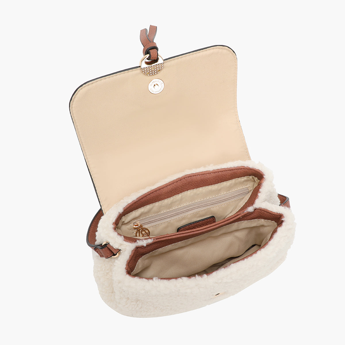 Sac à bandoulière effet mouton écru et camel