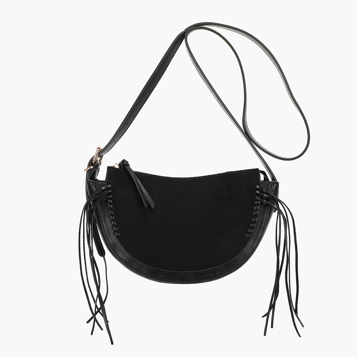Sac à bandoulière demi lune effet suédé noir avec franges