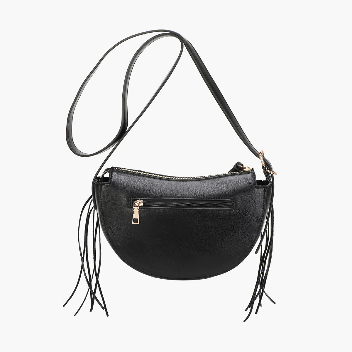 Sac à bandoulière demi lune effet suédé noir avec franges