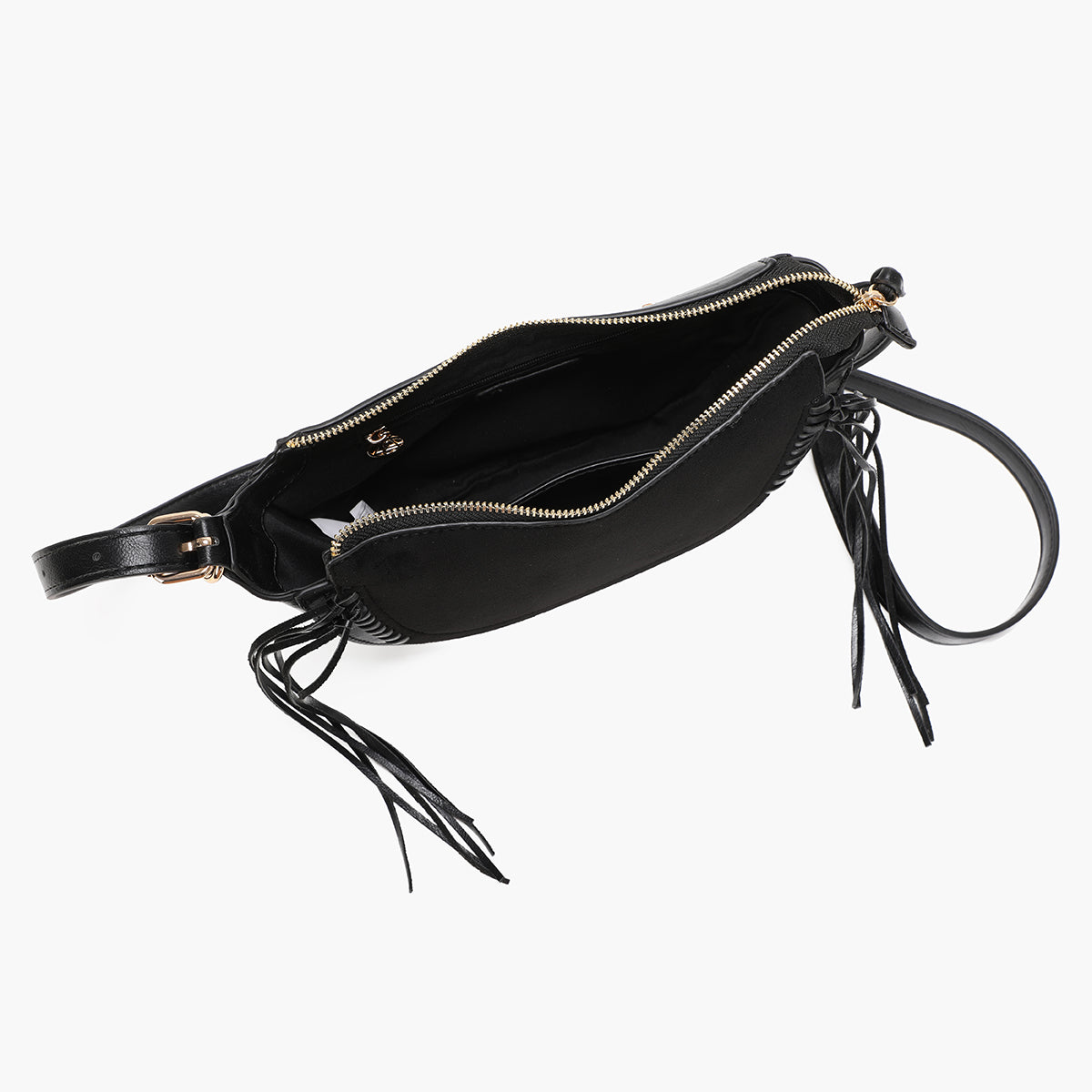 Sac à bandoulière demi lune effet suédé noir avec franges