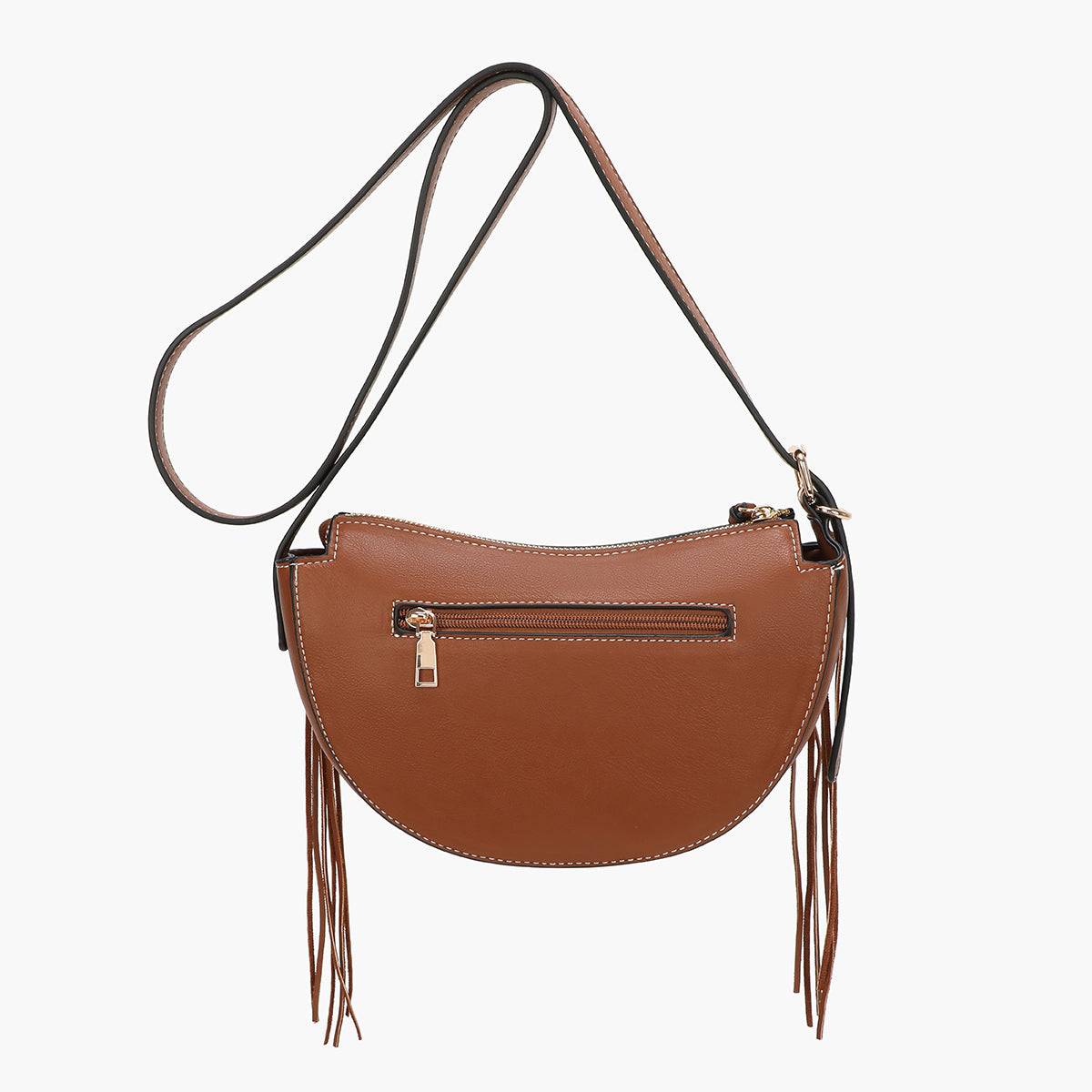 Sac à bandoulière demi lune effet suédé camel avec franges