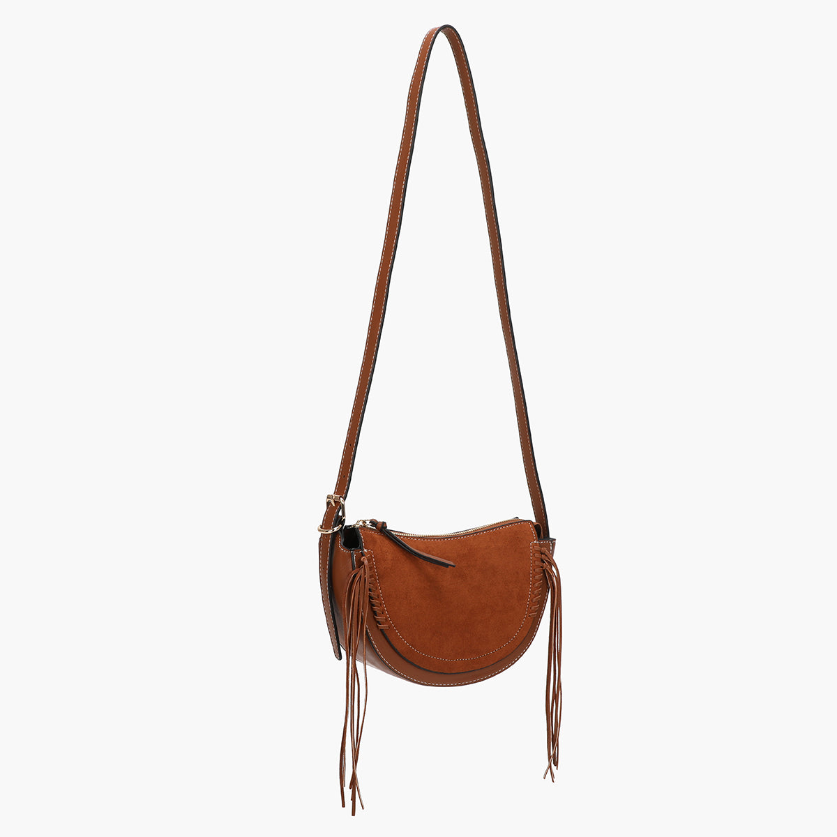 Sac à bandoulière demi lune effet suédé camel avec franges