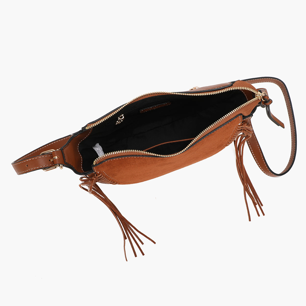 Sac à bandoulière demi lune effet suédé camel avec franges