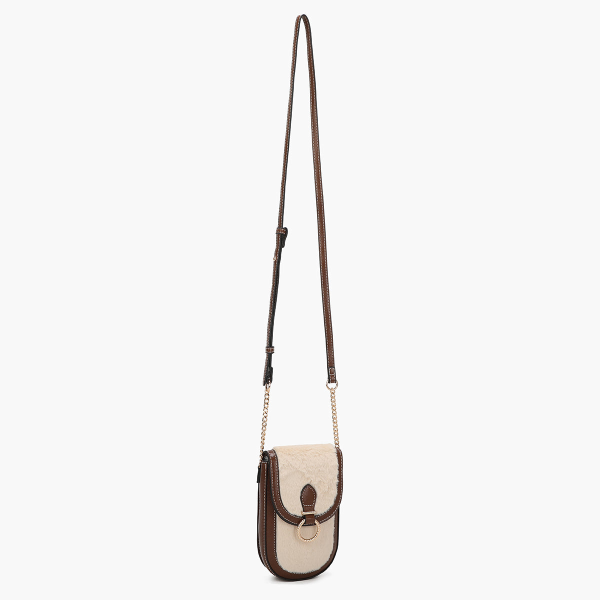 Pochette de téléphone effet fourrure beige et marron