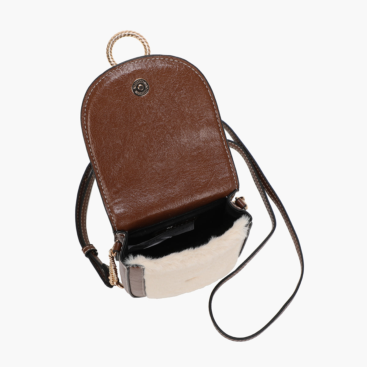 Pochette de téléphone effet fourrure beige et marron