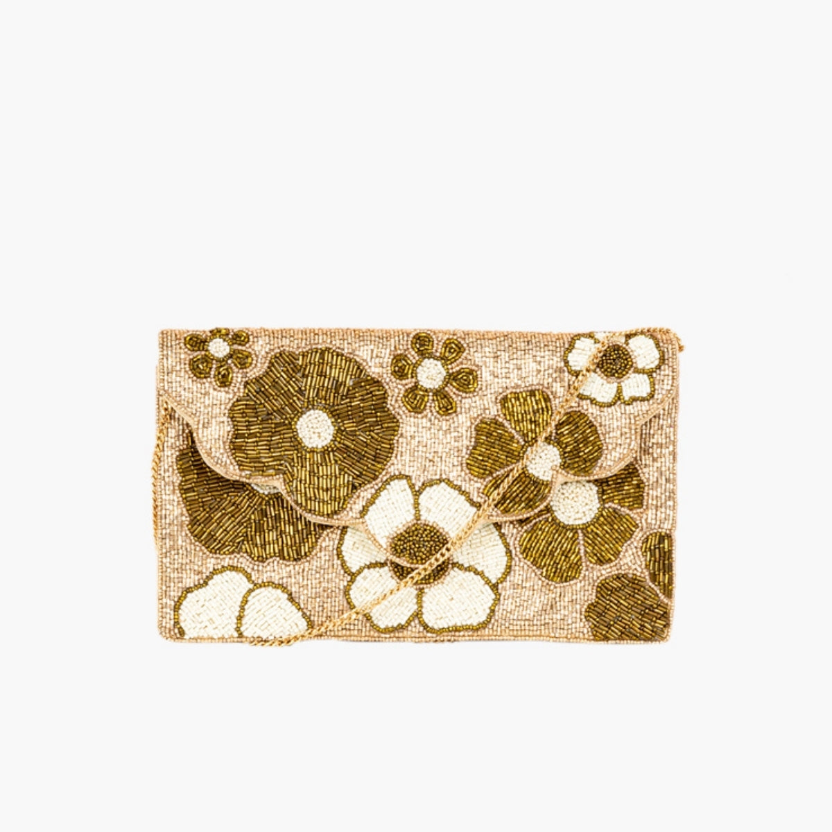 Pochette perlée à motif fleurs dorées et ivoire