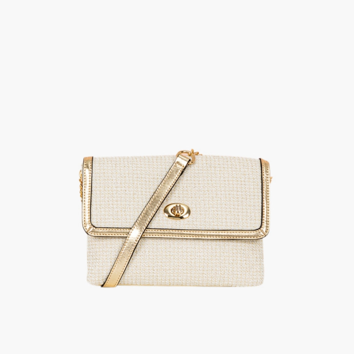 Sac à bandoulière en tweed bi-matière écru et doré