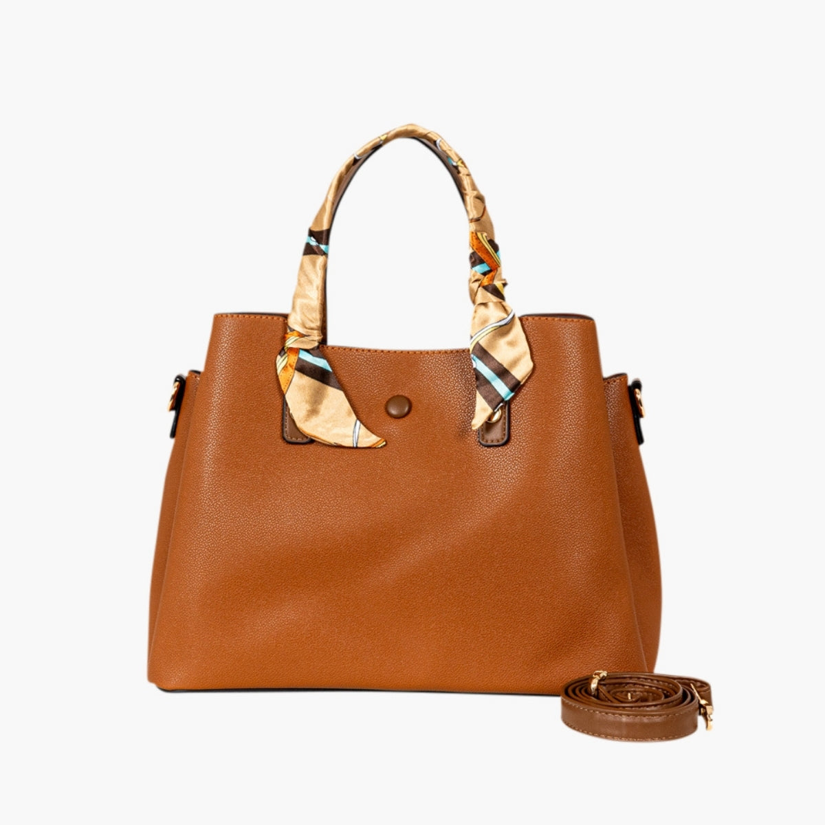 Grand sac à main effet grainé camel avec foulard