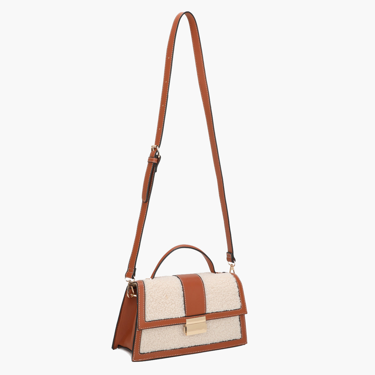 Petit sac à main effet mouton ivoire et marron