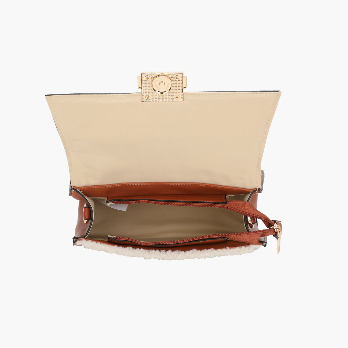 Petit sac à main effet mouton ivoire et marron