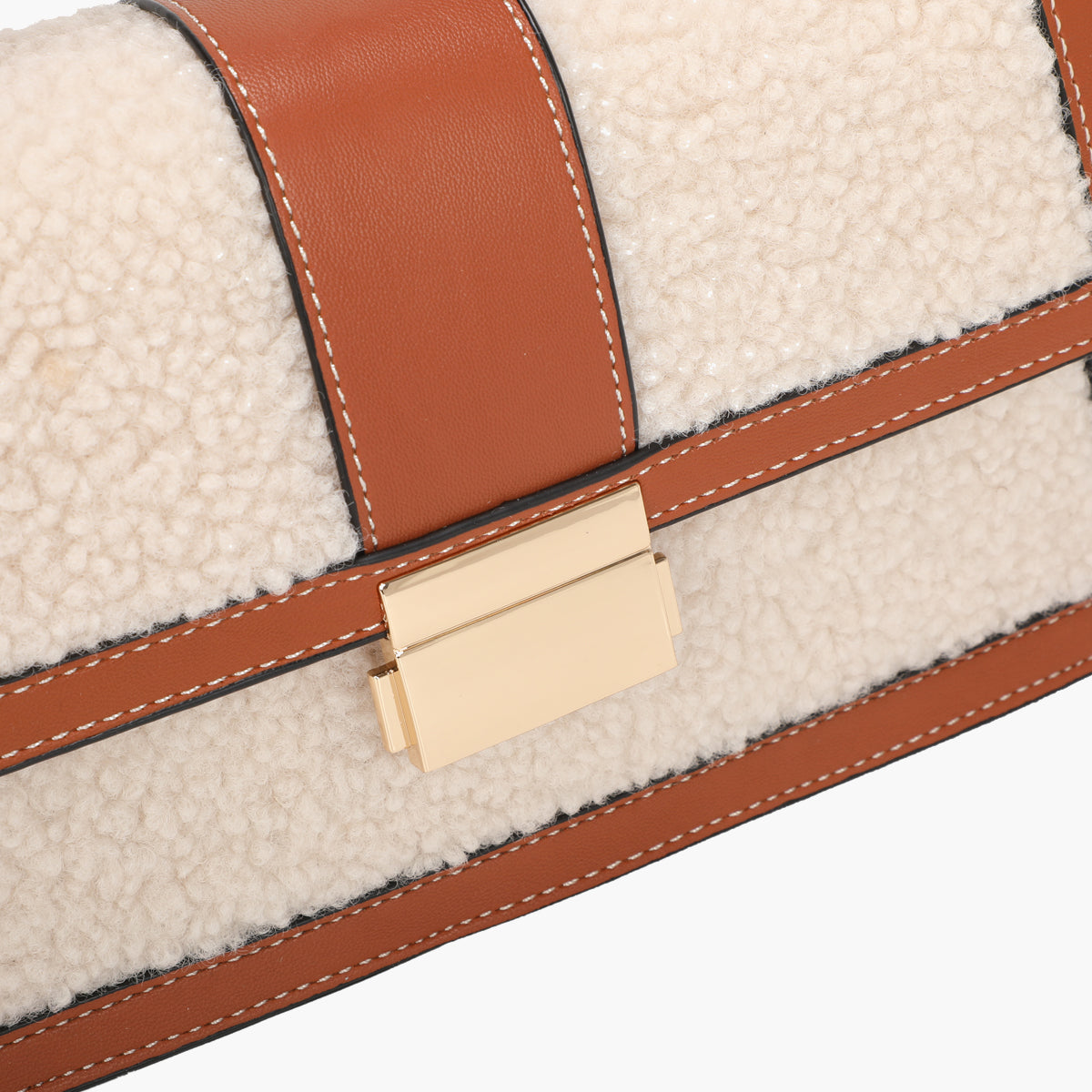 Petit sac à main effet mouton ivoire et marron