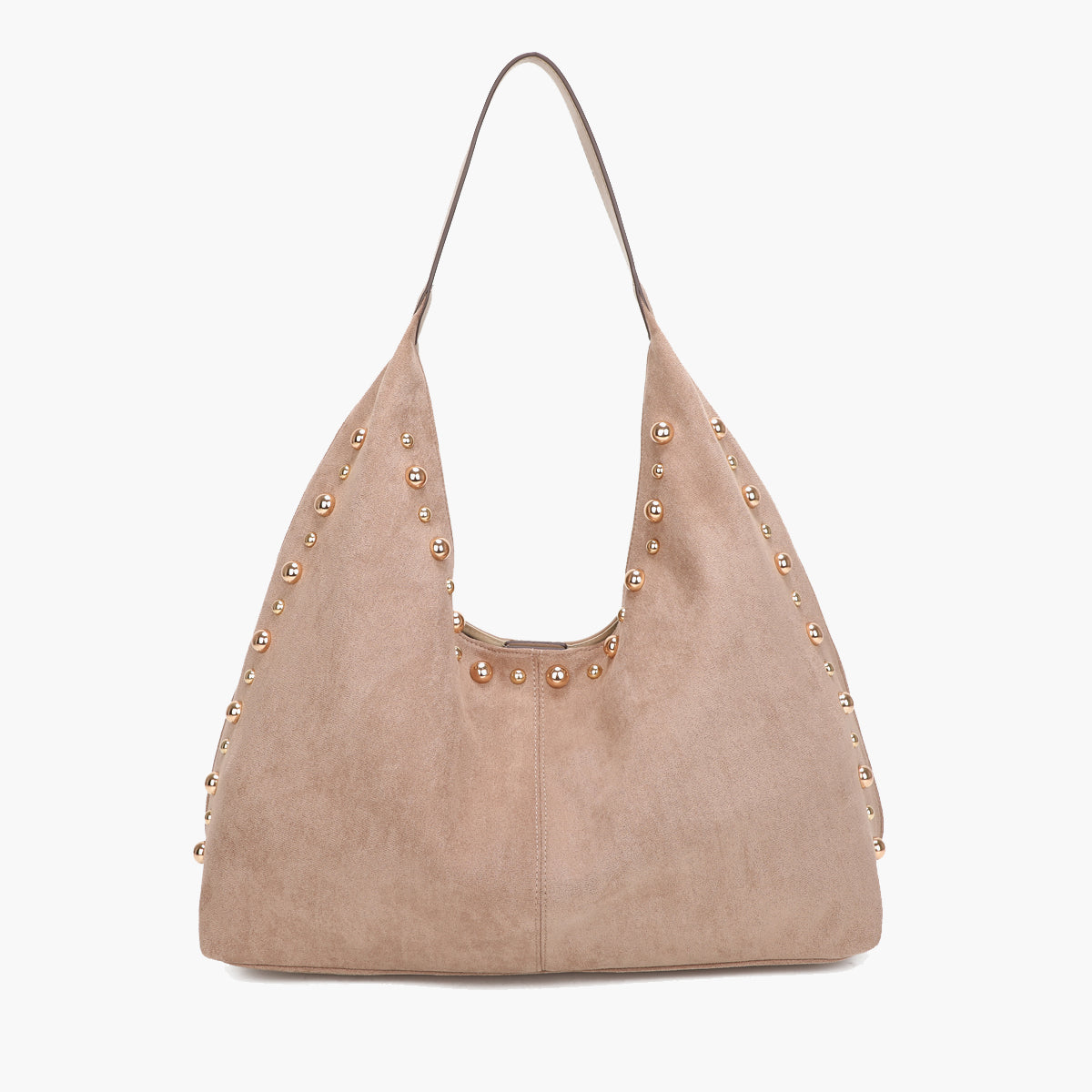 Sac hobo porté épaule effet suédé beige et clouté