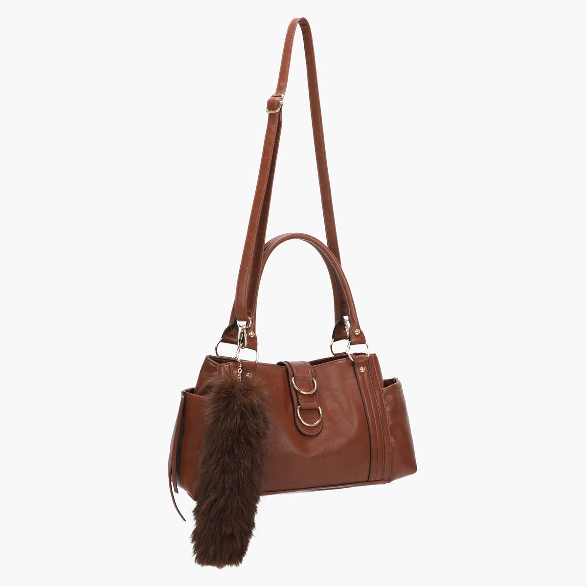 Sac porté épaule marron avec grigri fausse fourrure