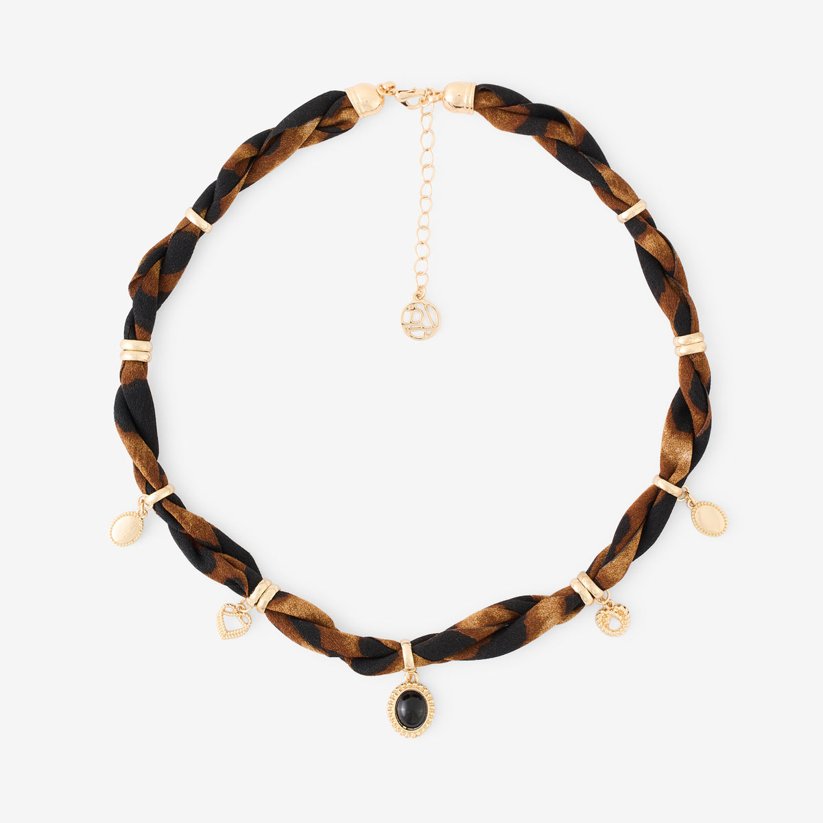 Collier tissu à breloques marron et doré